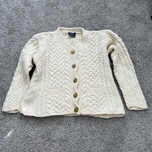 Aran Woolen Mills Ireland Woman 100% Merino Wool Sweater Cardigan Natural Medium
